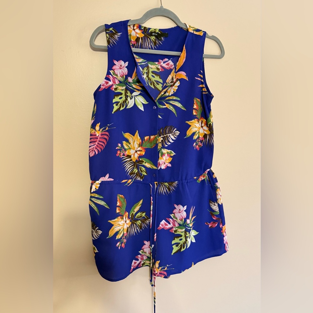 Gibson Tropical Floral Romper - Blue and Yellow